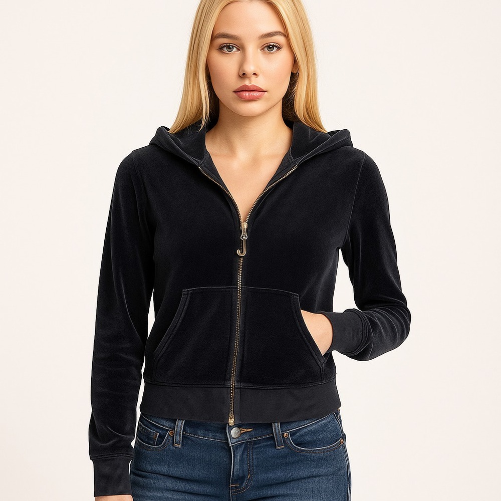 VTG Y2K Juicy Couture Black Velour Zip Hoodie‎ Small Baddie Retro Loungewear